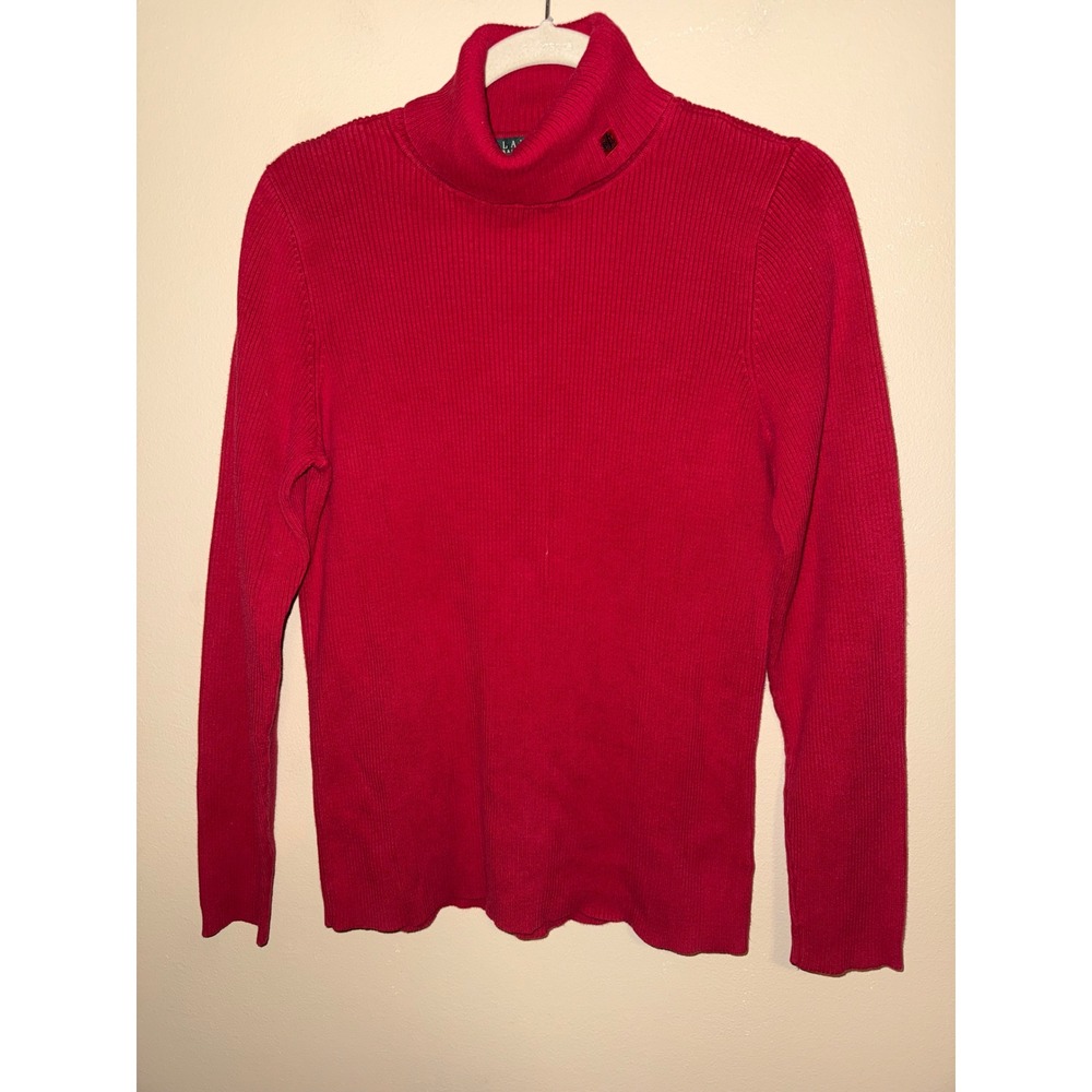 Lauren Ralph Lauren Red Ribbed Cotton Turtleneck Sweater XL Logo Academia Preppy